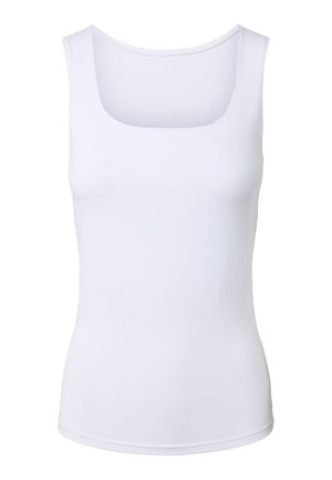 Weißes ärmelloses Tanktop mit quadratischem Ausschnitt, figurbetonter Silhouette und glatter Stoffstruktur.