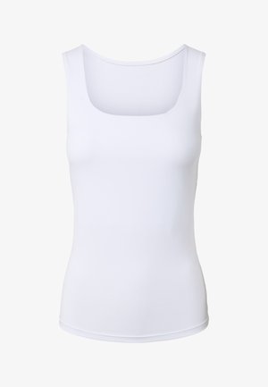 Weißes ärmelloses Tanktop mit quadratischem Ausschnitt, figurbetonter Silhouette und glatter Stoffstruktur.