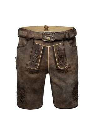 Pantalones cortos de cuero marrón con patrones florales y animales en relieve, costuras claras en contraste y una hebilla decorativa. Textura suave.