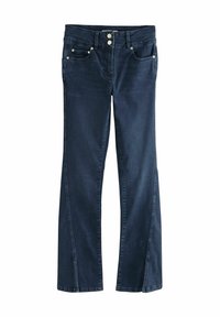 Jeans blu scuro con design a gamba dritta, due tasche frontali e dettagli con bottoni metallici. Realizzati in tessuto denim con una superficie liscia.