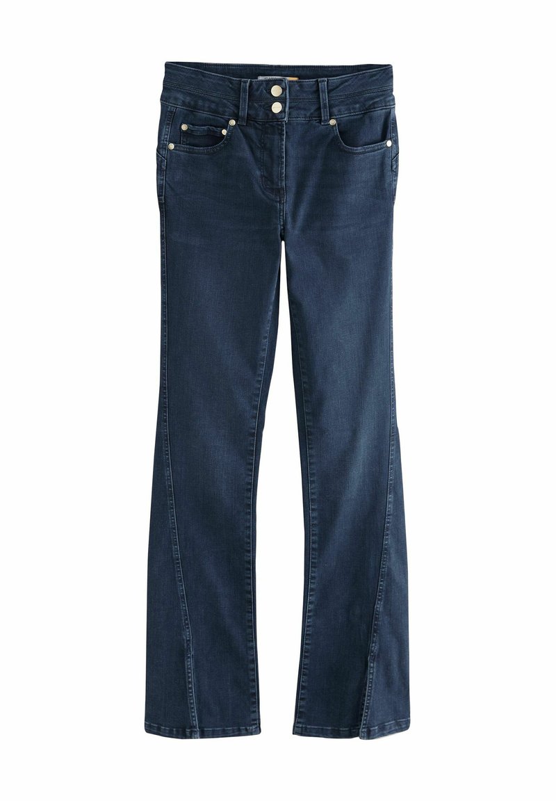Jeans blu scuro con design a gamba dritta, due tasche frontali e dettagli con bottoni metallici. Realizzati in tessuto denim con una superficie liscia.