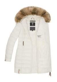 White padded jacket with a detachable faux fur hood, two zippered side pockets, quilted design, and interior branding details.