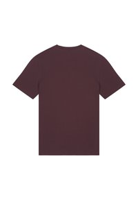 T-shirt à manches courtes, col rond, de couleur bordeaux foncé, fabriqué dans un tissu doux avec une texture lisse et sans motifs ni embellissements visibles.