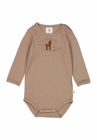 Body lungo marrone per neonati, realizzato in tessuto morbido. Presenta una stampa di cervo e funghi sulla parte anteriore, con chiusure a scatto sul fondo.