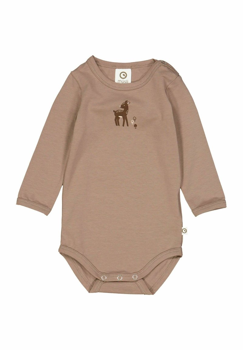 Body lungo marrone per neonati, realizzato in tessuto morbido. Presenta una stampa di cervo e funghi sulla parte anteriore, con chiusure a scatto sul fondo.