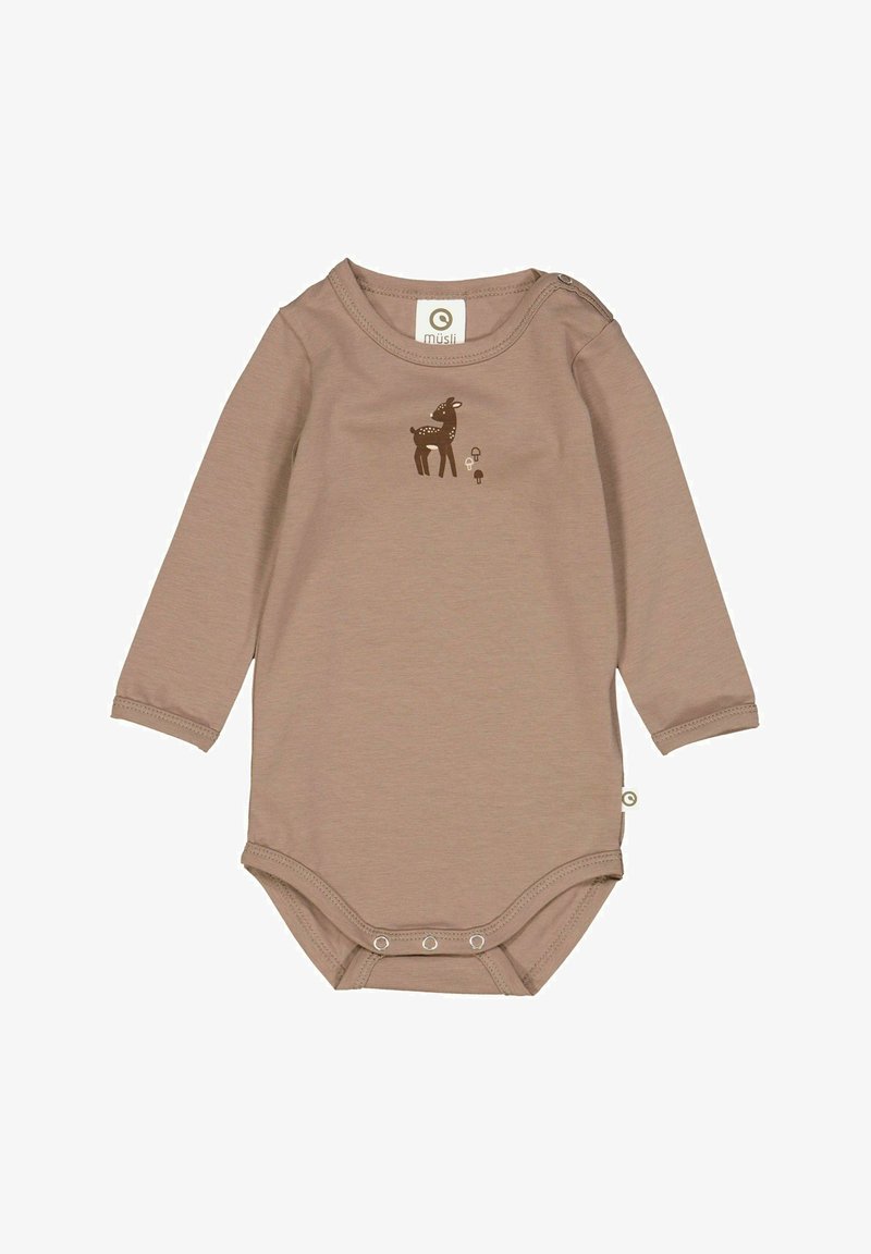 Body lungo marrone per neonati, realizzato in tessuto morbido. Presenta una stampa di cervo e funghi sulla parte anteriore, con chiusure a scatto sul fondo.