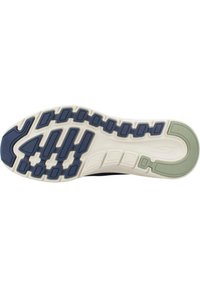 Suola delle scarpe con una presa multi-pattern. Predominantemente blu scuro con sezioni bianche e verde chiaro. Gomma testurizzata per la trazione.