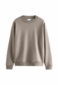 Sudadera gris con cuello redondo, mangas largas, puños acanalados y una textura suave. Diseño simple, sin patrones ni acentos.