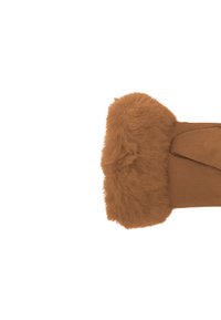 Guanto foderato in faux fur marrone con una consistenza morbida e un esterno liscio marrone. Il design presenta uno stile a risvolto per un calore aggiuntivo.
