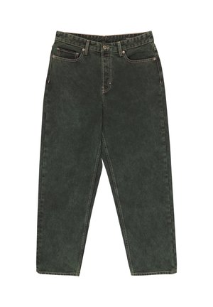 Jean droit taille haute vert foncé avec bouton frontal, fermeture éclair, passants pour ceinture et design à cinq poches.