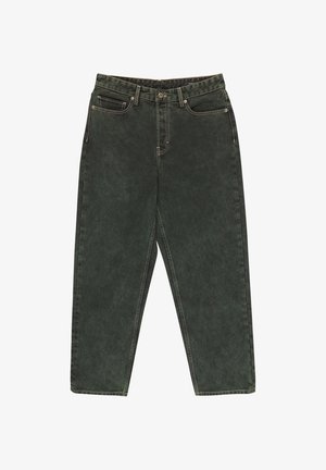 Donkergroene jeans met hoge taille en rechte pijpen, voorzien van een knoopje aan de voorkant, ritssluiting, riemlussen en een ontwerp met vijf zakken.