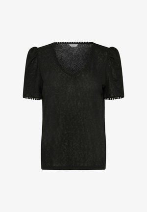 Črna majica s kratkimi rokavi in V-izrezom, ki ima napihnjene rokave ter obrobe s majhnimi okroglimi detajli ob izrezu in robovih rokavov.
