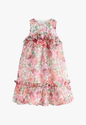 Robe fleurie arborant une palette de couleurs pastel avec des roses roses, des accents à volants, un col rond et un ourlet à étages. Tissu léger.