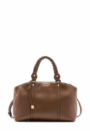 Brown leather handbag with a textured finish. Features braided handles, gold-tone hardware, and a logo detail on the front.