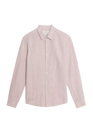 Chemise à manches longues mauve clair avec boutons, col pointu et motif à rayures subtiles, étalée à plat sur un fond blanc.