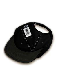 Black cap with a flat brim, featuring an interior label, textured visor, and a strap with a Batman logo pattern.