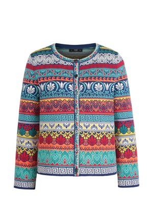 Jakke med knapper foran med levende blomsterprint i rød, blå, grøn, orange og gul. Fremstillet af tekstureret stof med ribstrikkede manchetter.