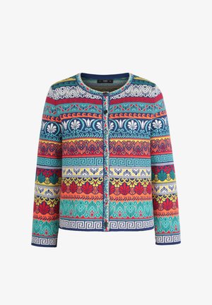 Jakke med knapper foran med levende blomsterprint i rød, blå, grøn, orange og gul. Fremstillet af tekstureret stof med ribstrikkede manchetter.