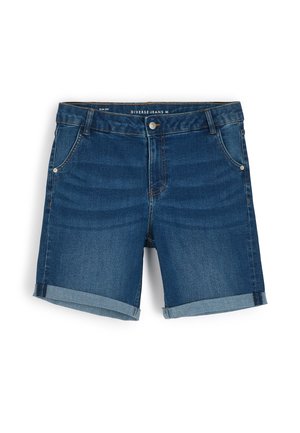 Jeansowe szorty w ciemnoniebieskim kolorze o dopasowanym kroju, z podwiniętymi brzegami, pięcioma kieszeniami i zapięciem na guzik. Materiał ma gładką fakturę.