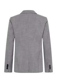 Achteraanzicht van een grijze blazer met lange mouwen, met een subtiel ruitpatroon en drie zwarte knopen op elke manchetknoop.