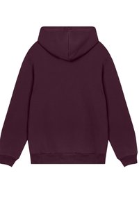 Hooded sweatshirt in dark burgundy, made of soft fabric; features a kangaroo pocket, ribbed cuffs and hem, and a smooth texture.