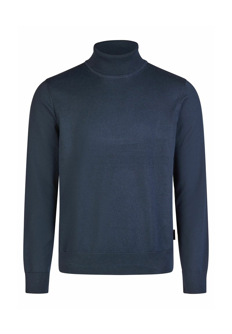 Mornarska turtleneck pulover napravljen od glatkog, laganog pletenog materijala. Ima duge rukave i rebraste rubove na vratu, manžetama i donjem rubu.