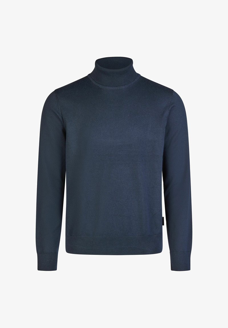 Mornarska turtleneck pulover napravljen od glatkog, laganog pletenog materijala. Ima duge rukave i rebraste rubove na vratu, manžetama i donjem rubu.
