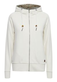 Sudadera blanca con cremallera, forro interior con patrón, cordones con acentos de madera, bolsillos laterales y puños y dobladillo de canalé.