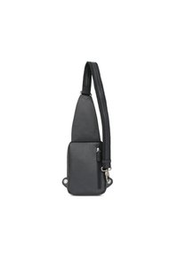 Borsa a tracolla nera in pelle con forma triangolare, tasca frontale con zip e tracolla regolabile. Caratterizzata da hardware metallizzato e una texture liscia.