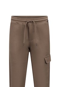 Bruine sweatpants van zachte stof met een elastische tailleband, verstelbare trekkoord en een zijvak voor opbergruimte. Rechtersnor ontwerp.