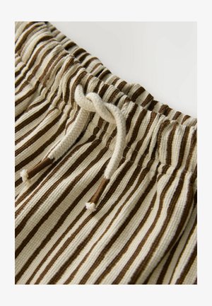 Lysefarvede shorts i stof med skiftevis brune og cremefarvede striber. Har en rynket linning med snøre til justering.