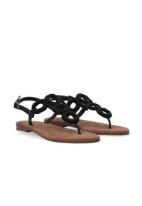 Sorte flade sandaler med perle-design og cirkulære akcenter, en syntetisk overdel og en polstret brune suede-lignende sål.