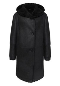 Abrigo de borrego negro con capucha, cierre de botones en la parte delantera y acentos texturizados a lo largo de los bordes. Mangas largas con puños.