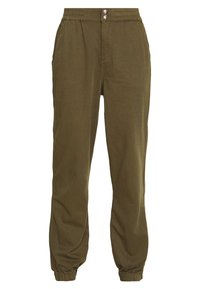 Olivově zelené joggingové kalhoty vyrobené z lehkého materiálu, s elastickým pásem v pase, dvěma bočními kapsami a elastickými manžetami na kotnících.