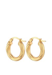 Guld-tone hoops øreringe med et drejet design. Har en glat, skinnende overflade og en sikker lås til bæring. Rund form med teksturerede detaljer.
