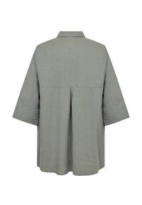 Sage green oversized shirt, short sleeves, collared neckline, loose fit, with a pleat detail at the back, made from lightweight fabric.