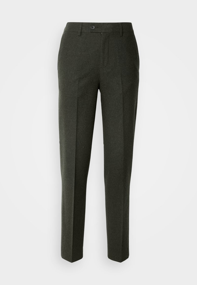 Dunkelgrüne Hose aus strukturiertem Stoff mit geradem Bein-Design, ausgestattet mit Fronttaschen und einem Knopfverschluss.
