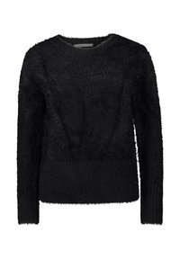 Czarny, miękki sweter z długimi rękawami, okrągłym dekoltem i teksturowaną tkaniną. Żebrowany dół i mankiety dodają szczegółów całemu wzorowi.