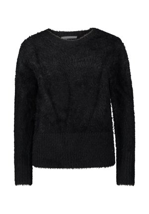 Zwarte, zachte trui met lange mouwen, een ronde halslijn en een gestructureerde stof. Geribbelde zoom en manchetten voegen detail toe aan het geheel.