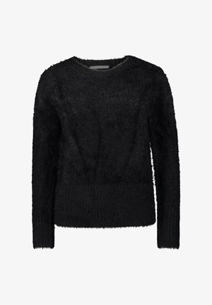 Zwarte, zachte trui met lange mouwen, een ronde halslijn en een gestructureerde stof. Geribbelde zoom en manchetten voegen detail toe aan het geheel.