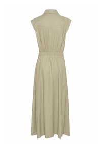 Abito senza maniche color khaki con colletto, vita elasticizzata e gonna fluida; realizzato in tessuto leggero con una superficie liscia.