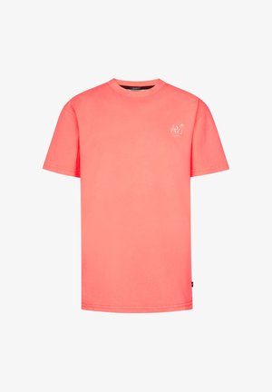 Koralrosa kortærmet t-shirt med rund hals og lille hvid "LA PAZ" tekst samt palmetræsgrafik på venstre bryst.
