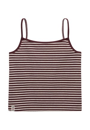 Gestreepte bordeauxrode en witte mouwloze tanktop met dunne schouderbandjes en een klein Superdry-logolabel aan de onderkant links.