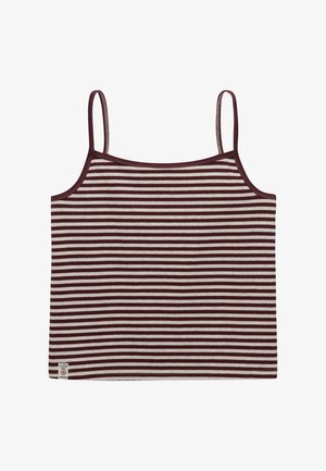 Gestreepte bordeauxrode en witte mouwloze tanktop met dunne schouderbandjes en een klein Superdry-logolabel aan de onderkant links.