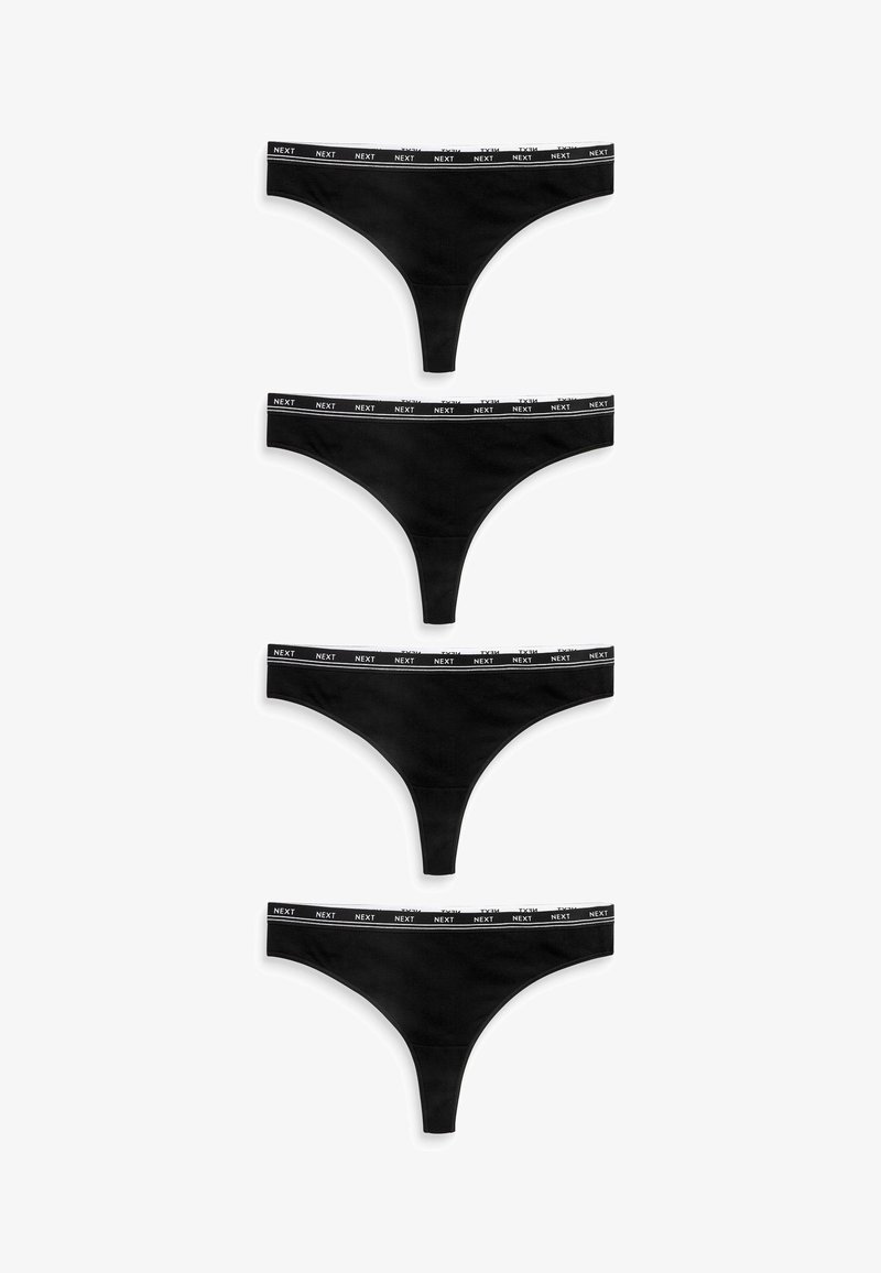 Set of four black cotton thong underwear with a wide, elastic waistband featuring repeated "NEXT" branding in white.