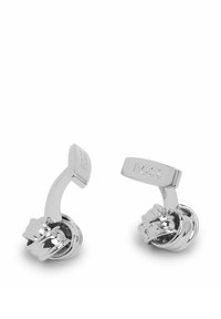 Silver-tone cufflinks featuring a knotted design and a flat, engraved top with the brand name "BOSS." Smooth, polished finish.