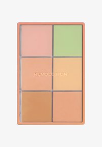 Revolution Farbkorrekturpalette mit sechs rechteckigen Abschnitten in den Farbtönen Pfirsich, Orange, Hellgrün und Creme, untergebracht in einem transparenten Etui.