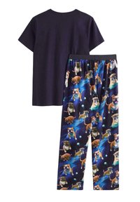 Bomulds-pyjamasæt med en marineblå T-shirt. Bukserne har farverige illustrationer af mops på en mørk, rumtema-baggrund. Med elastisk taljebånd.