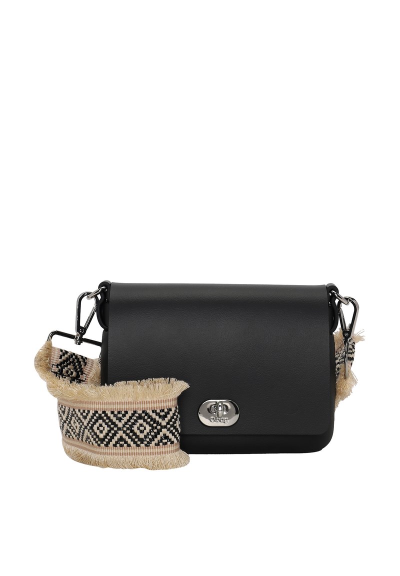 Sort læderhåndtaske med en rektangulær form. Har en mønstret vævet rem i beige og sort, med en sølvfarvet spænde detalje.