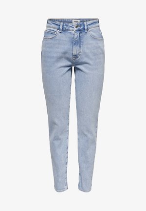Lyseblå højtaljede jeans i denim, med et lige ben-design, fem lommer og en let slidtageffekt over det hele.